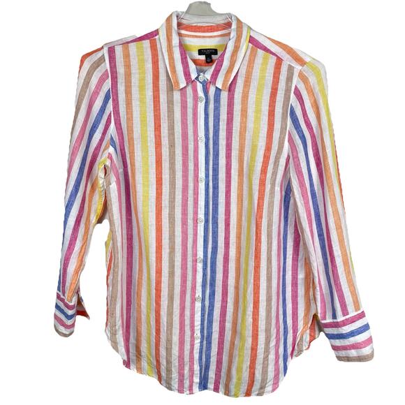 TALBOTS 100% Linen Boyfriend Shirt Petite Size LP Colorful Rockport Stripe - Picture 2 of 10